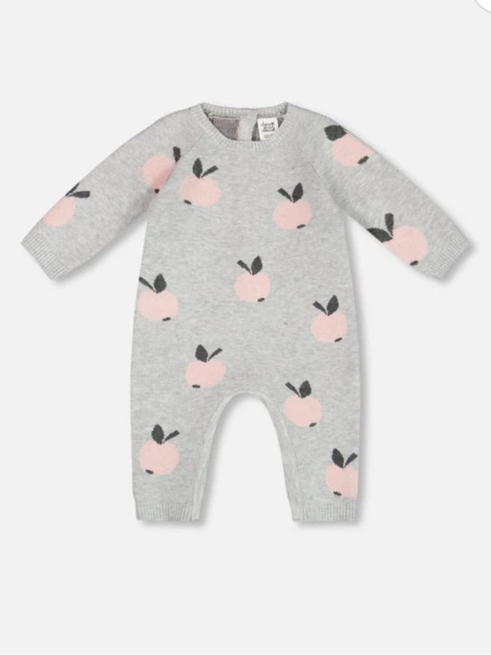 deux par deux Grey Knit Footie with Pink Apple Pattern